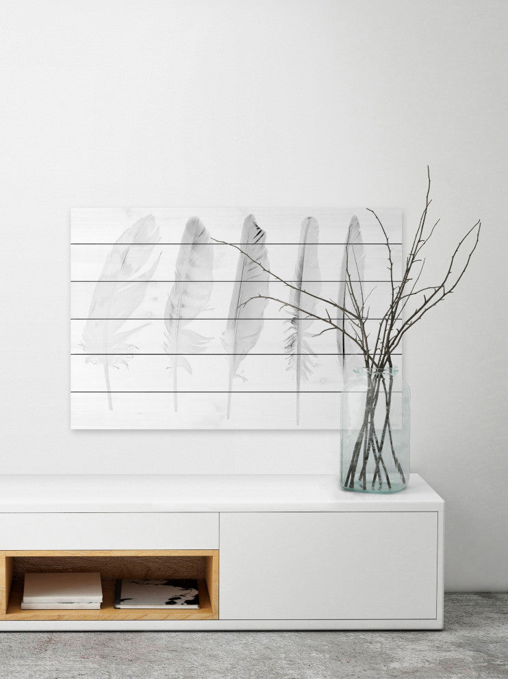 "Five White Feathers" Wall Art on Wood, 60"x40"
