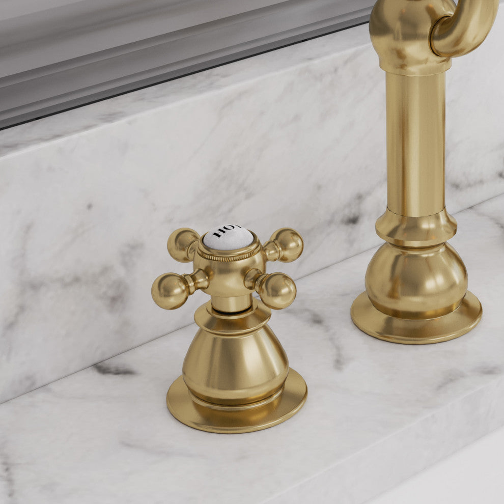 Classic Hook Widespread Deck Mount Lavatory Faucets and Pop-Up Drain, Satin Gold