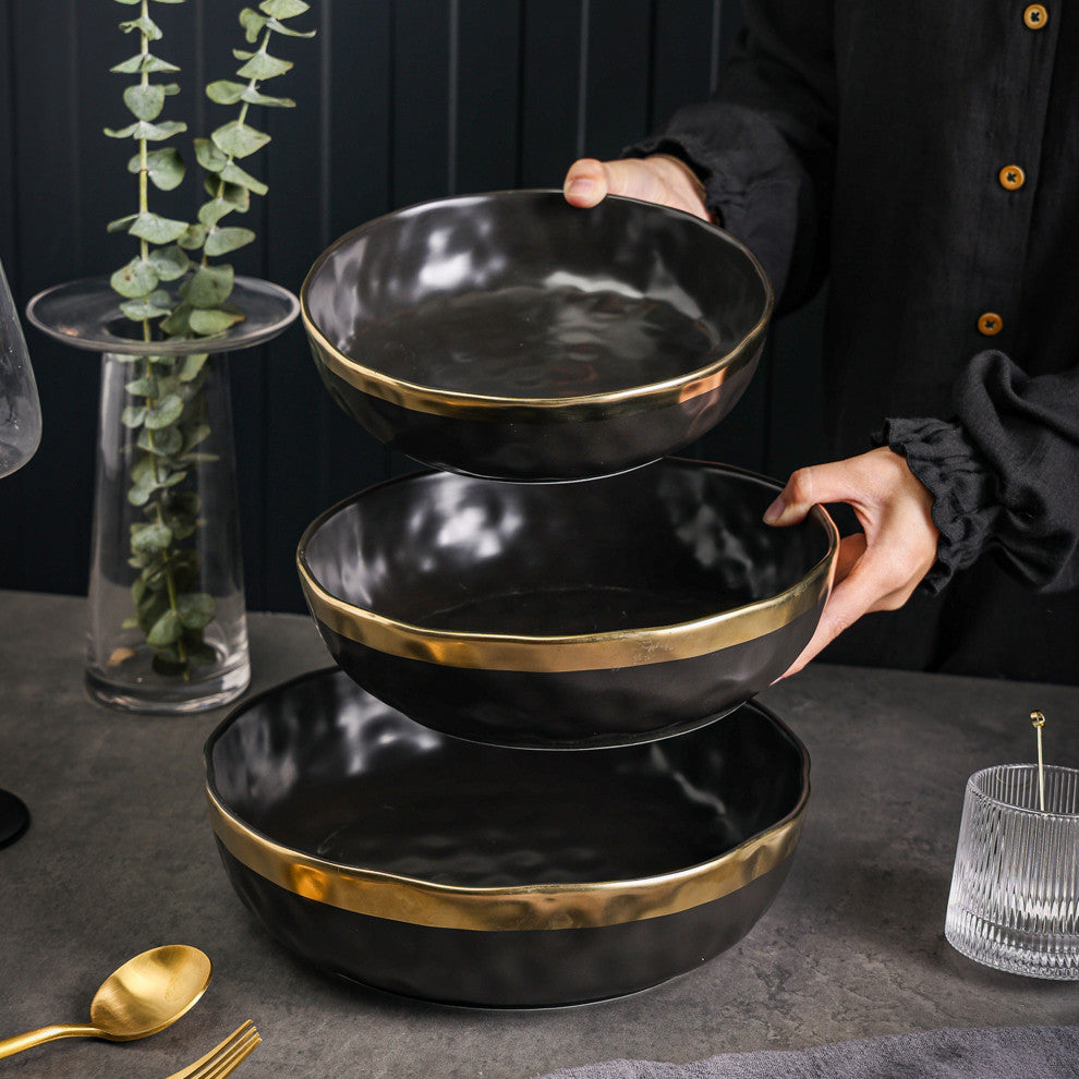 3-Piece Stone Lain Florian Porcelain Serving Bowl Set, Black