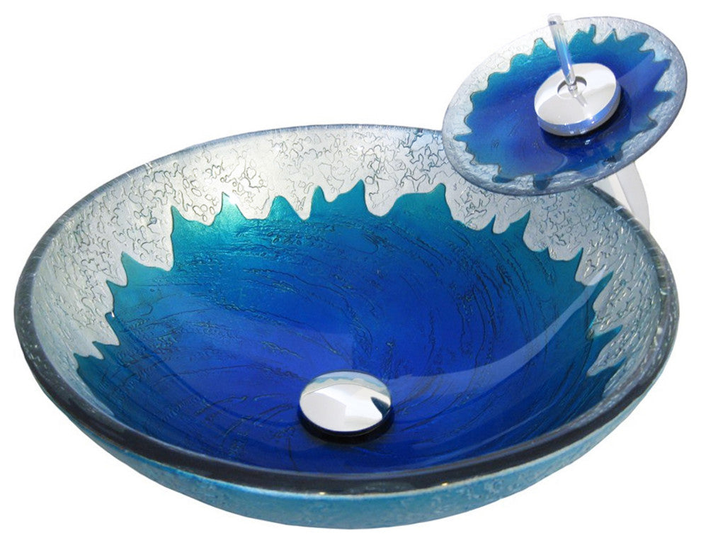 Diaccio Hand Foiled Tempered Glass Vessel Bathroom Sink Set, Chrome