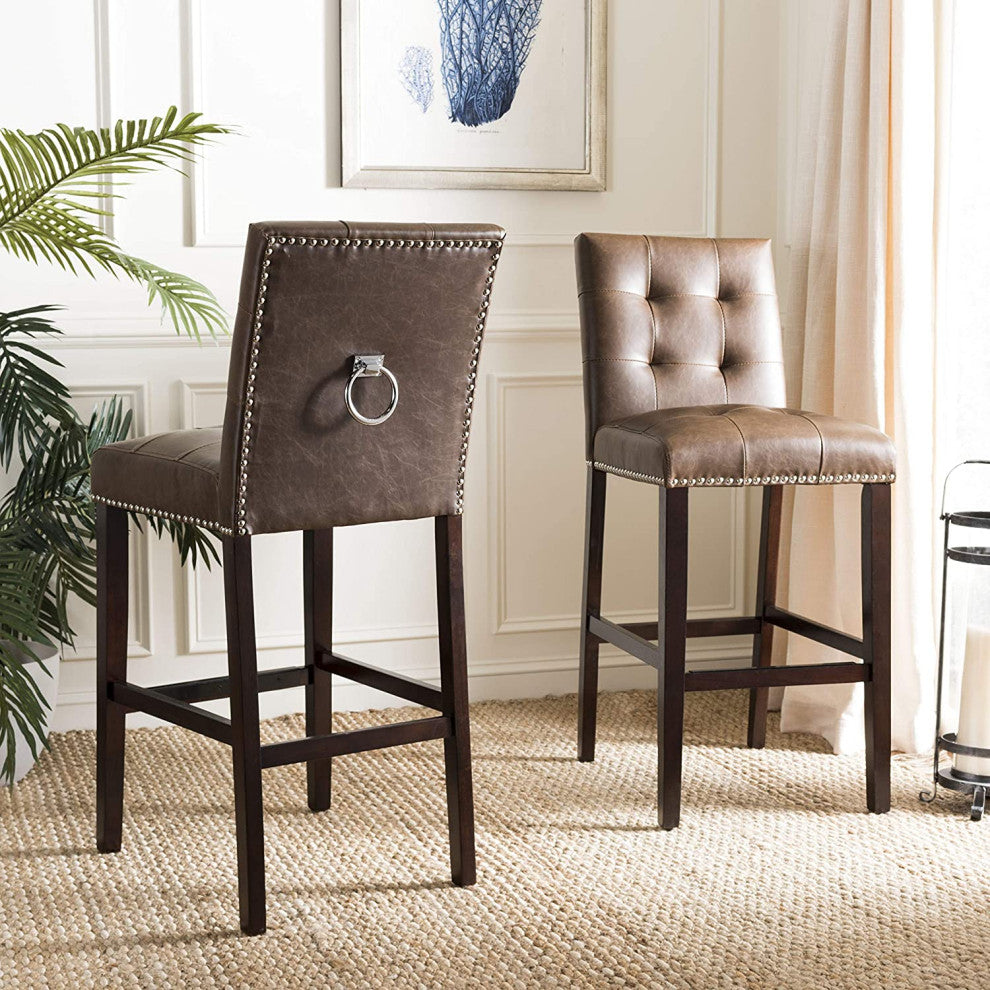 Set of 2 Bar Stool, Brown PU Leather Seat With Square Stitching & Nailhead Trim