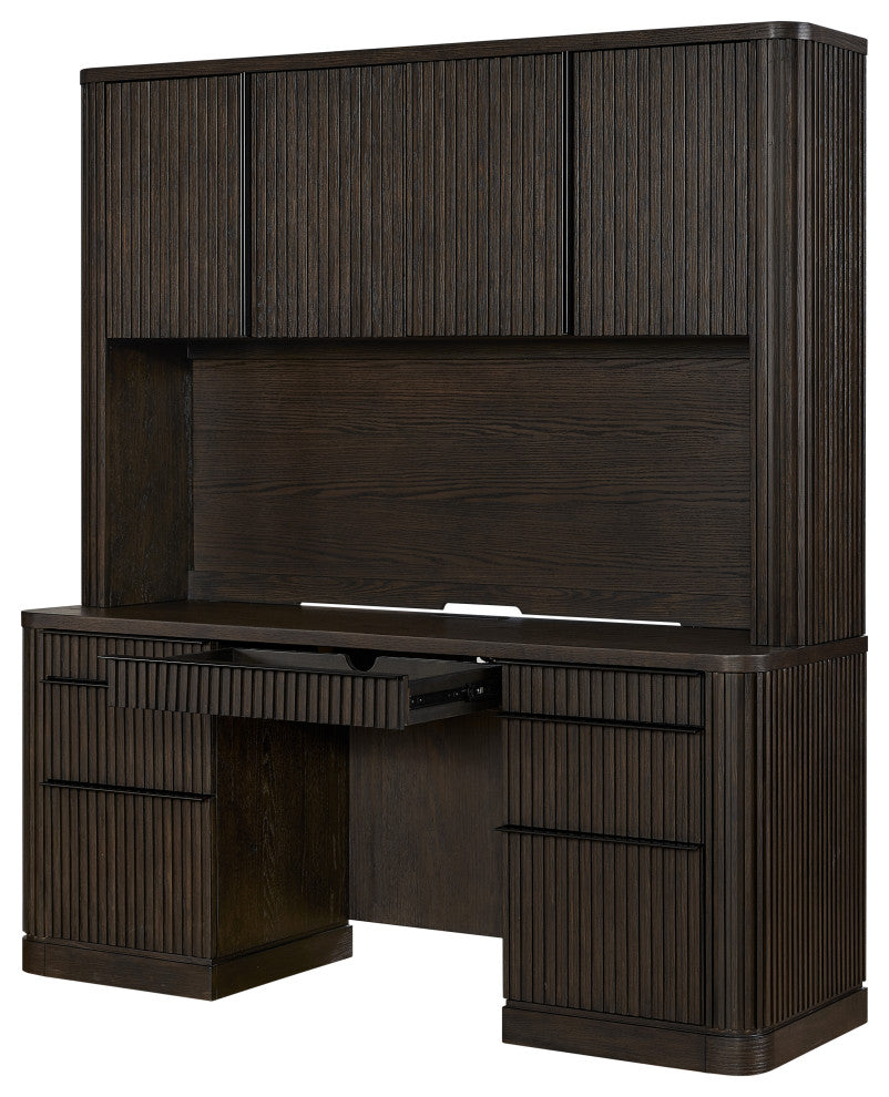 Contemporary Wood Credenza and Hutch, Office Desk and Hutch, Brown