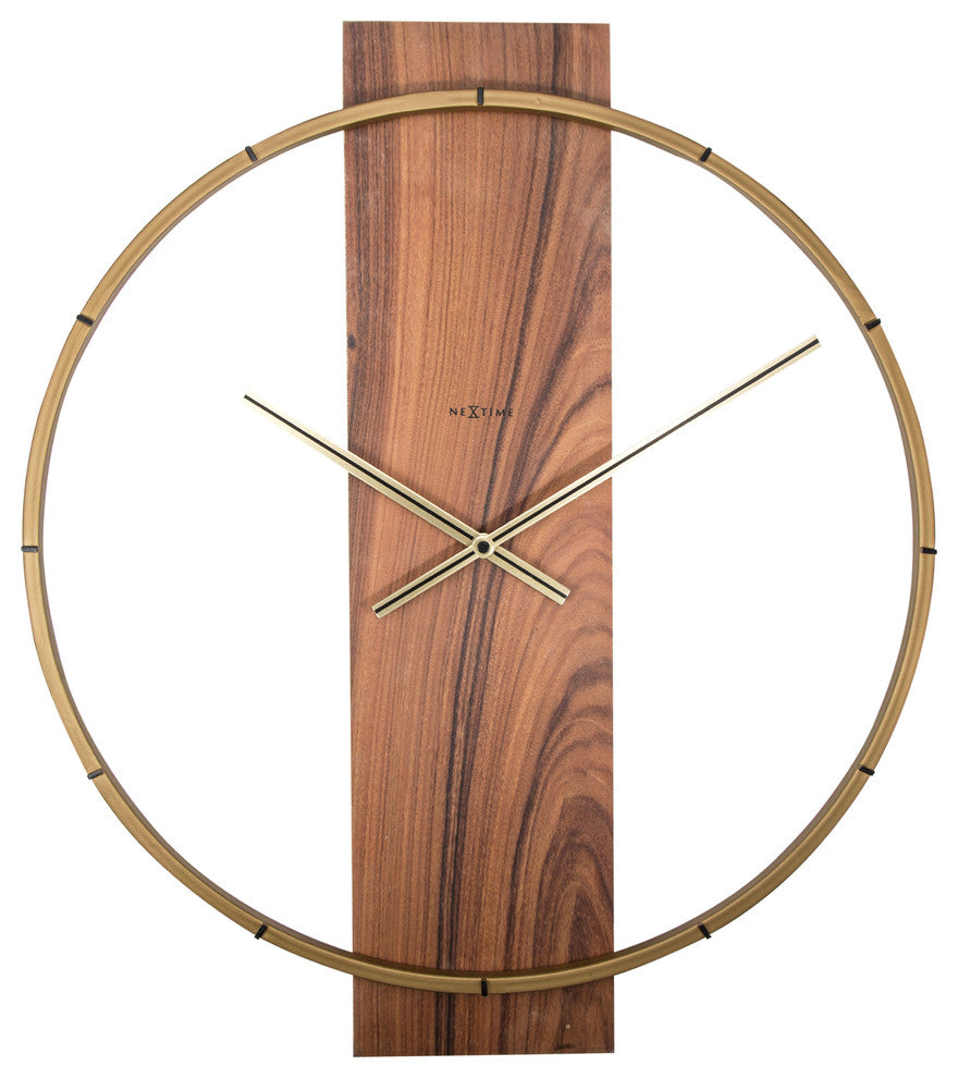 Carl Wall Clock, Round, Wood and Metal, Brown, Battery Operated