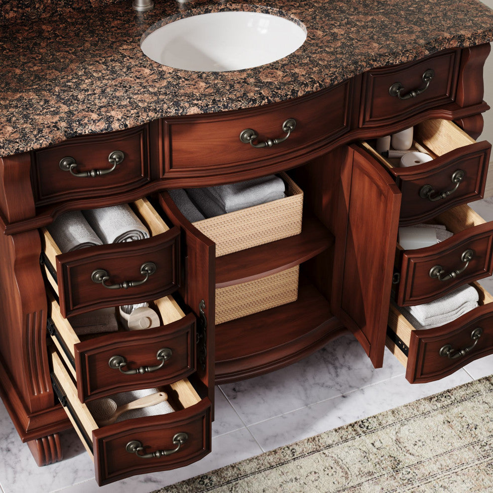 60 inch Cherry Wood Hopkinton Bathroom Sink Vanity Baltic Brown Stone Top, Cherry, 50", Single Sink, Freestanding