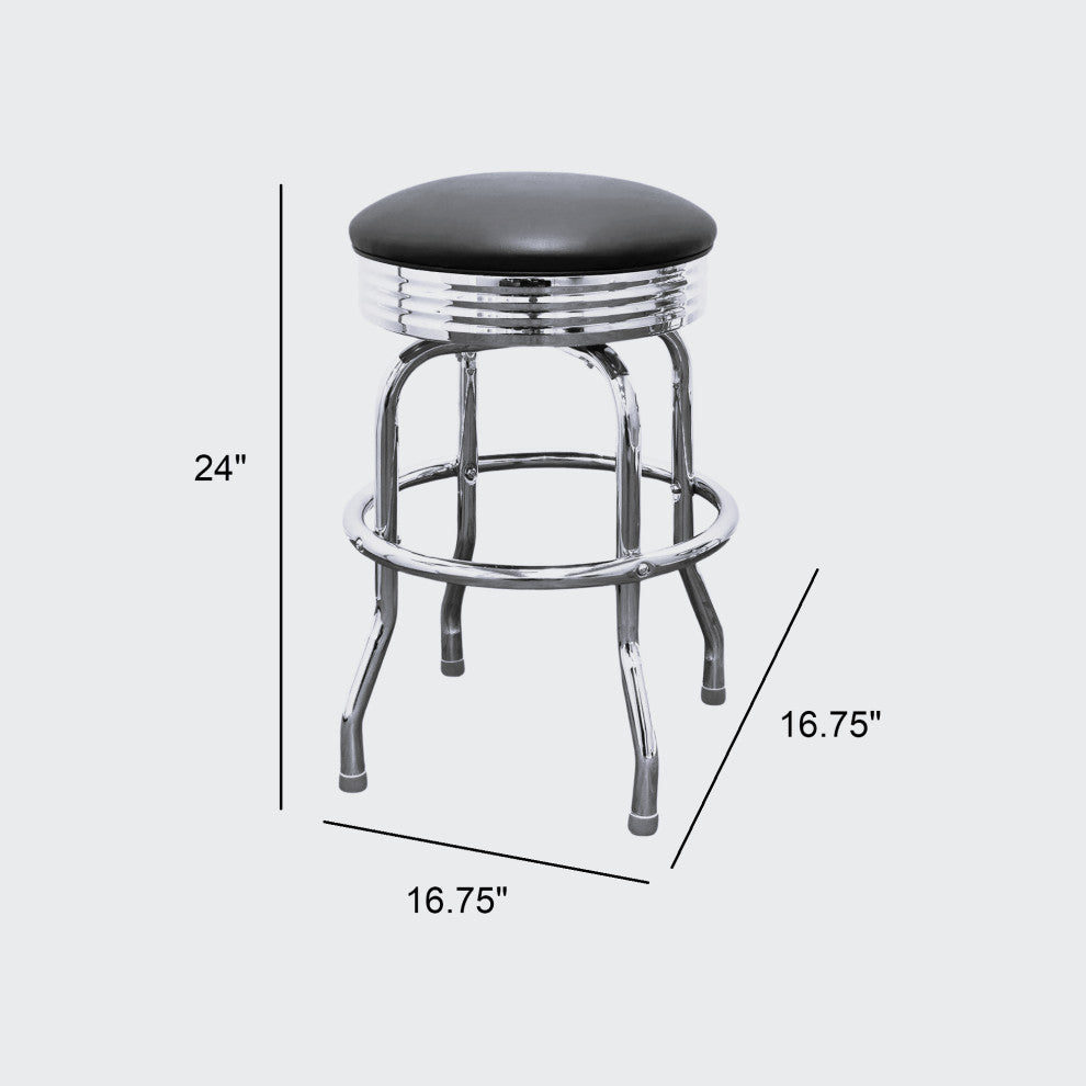 Retro Home Single Ring Chrome Pan 24" Swivel Counter Stool, Red