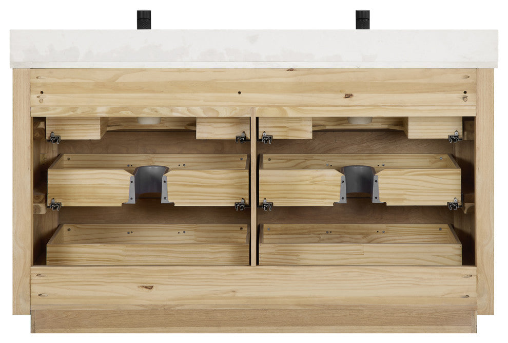 Porto Bath Vanity with White Quartz Stone Top, Natural Oak, 60 in., No Mirror