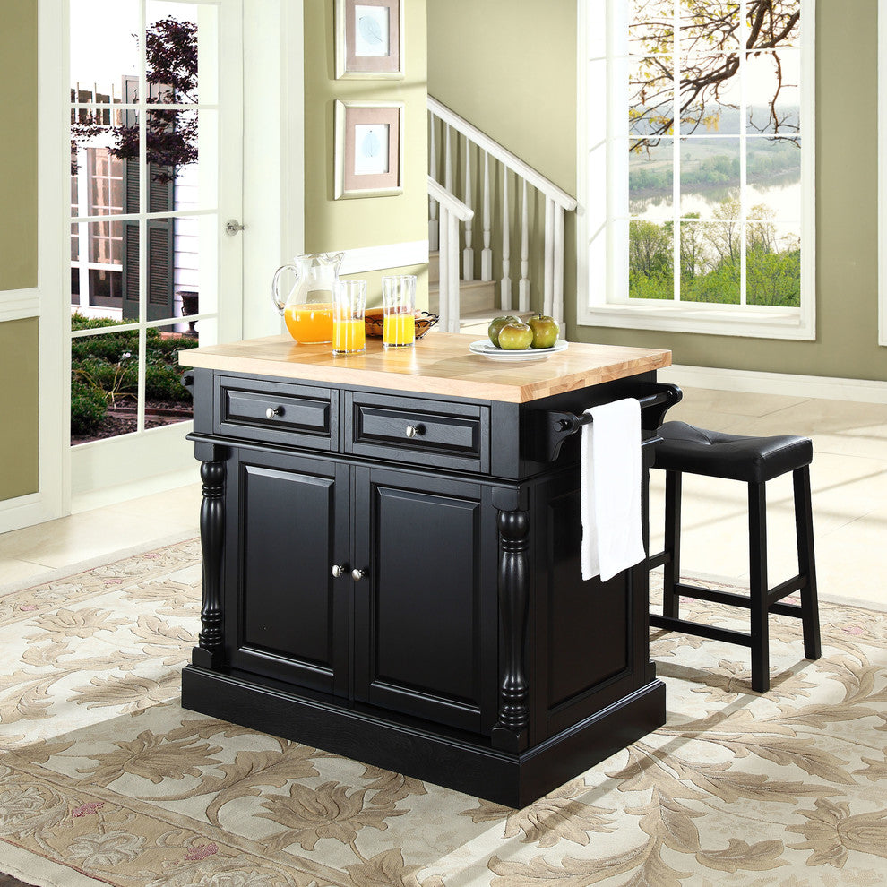 Butcher Block Top Kitchen Island, Black Finish With 24" Black Upholstered Sadd