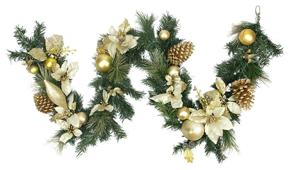 Pre-Decorated Gold Poinsettia Pine Cone and Pear Artificial Garland, 6'