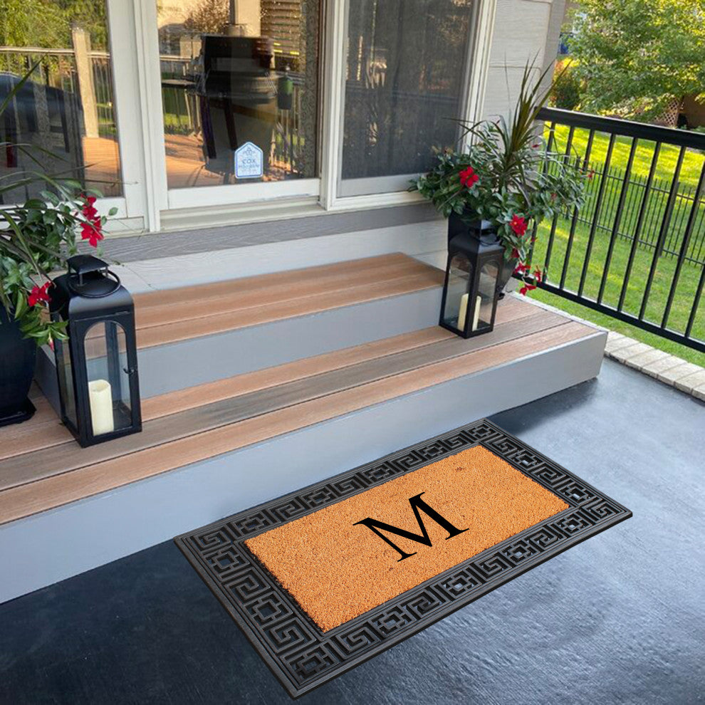 Rubber And Coir Greek Key Black Border 24"x36", Outdoor Monogrammed Doormat, M