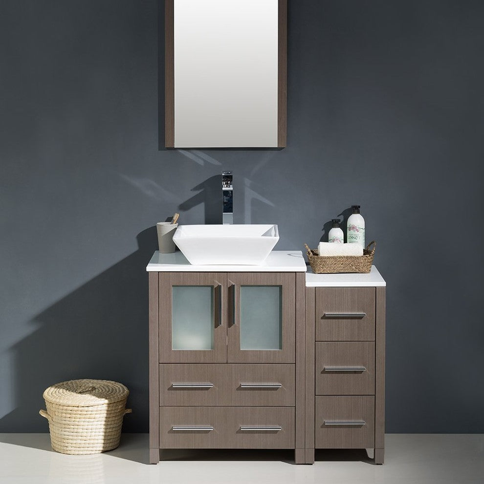 Torino 36" Gray Oak Modern Bathroom Vanity With Side Cabinet, FFT3072BN