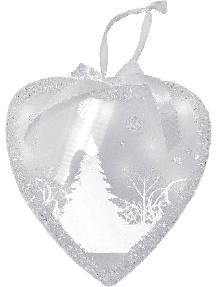 8" Pre-Lit LED White Sparkle Wintery Woods Scene Christmas Heart Ornament