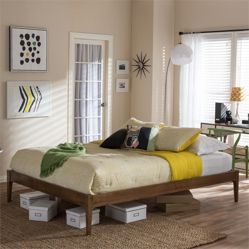 Bentley Mid-Century Modern Solid Wood Bed Frame, Walnut Brown, Queen