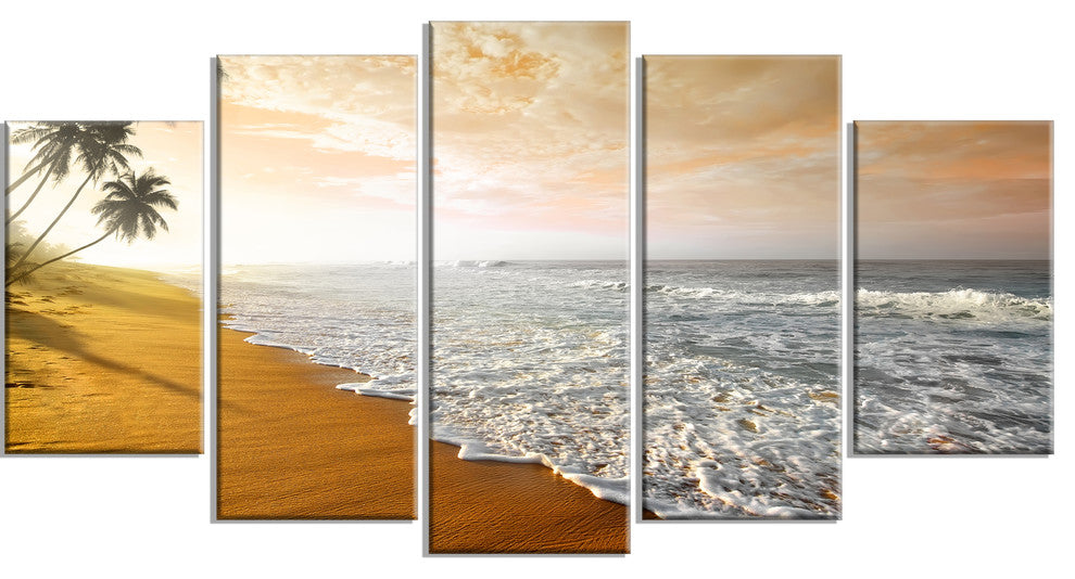 "Wavy Clouds Over Seashore" Seascape Art Canvas, 5 Panels, 60"x32"