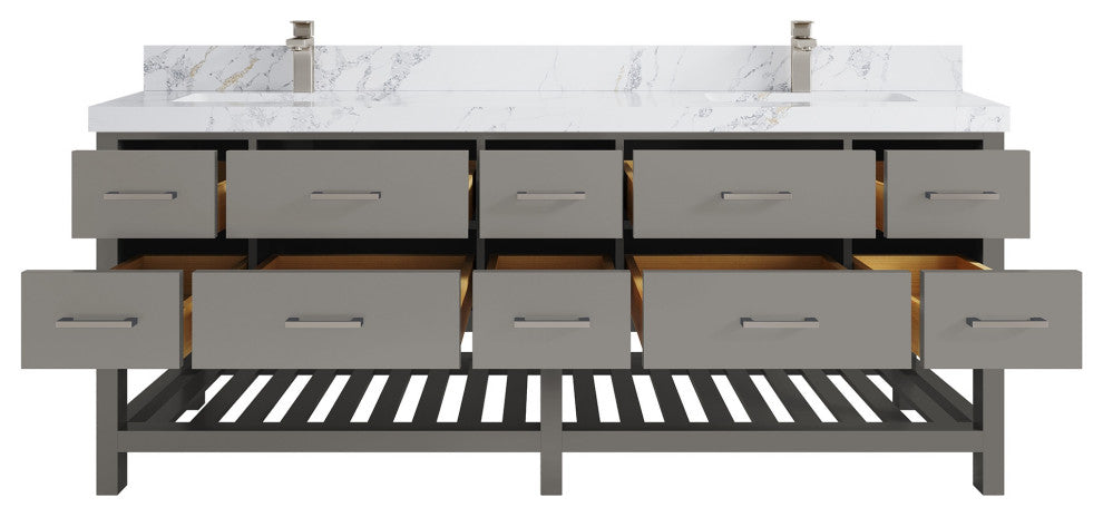 Parker 84" Double Sink Bath Vanity, Elephant Skin Gray 2" Calacatta Poanazzo