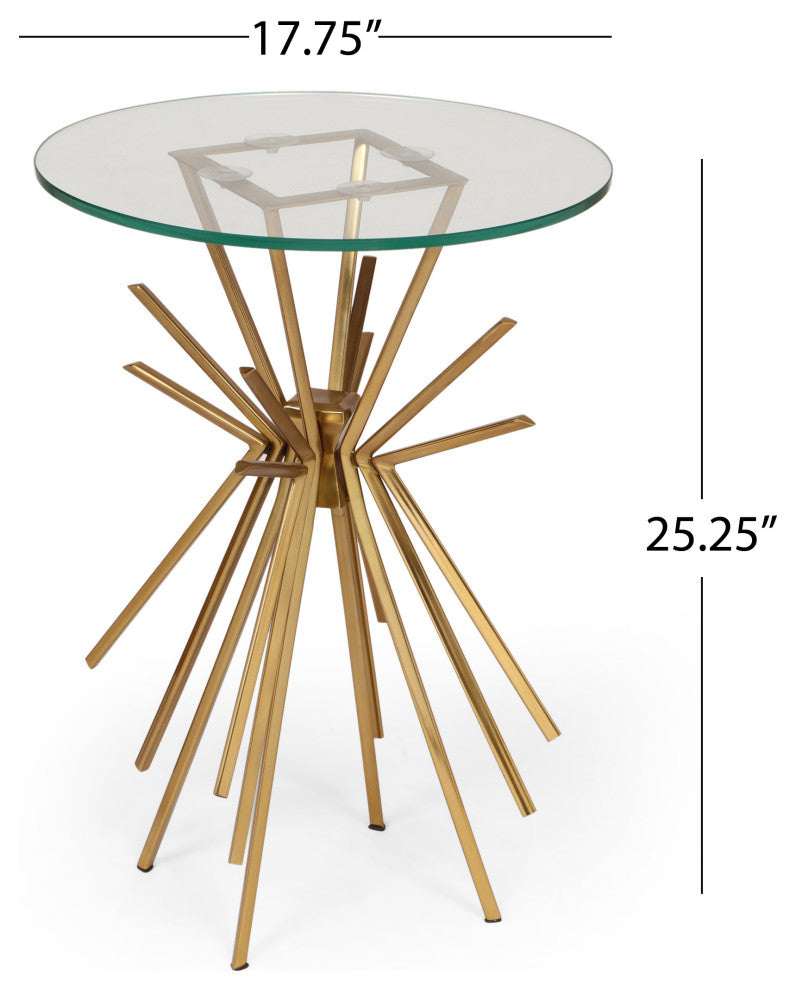 Nathan Modern Glam Handcrafted Sunburst Accent Table with Tempered Glass Top, Gold
