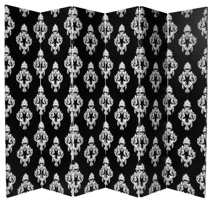 6' Tall Double Sided Black and White Damask Canvas Room Divider 6 Panel
