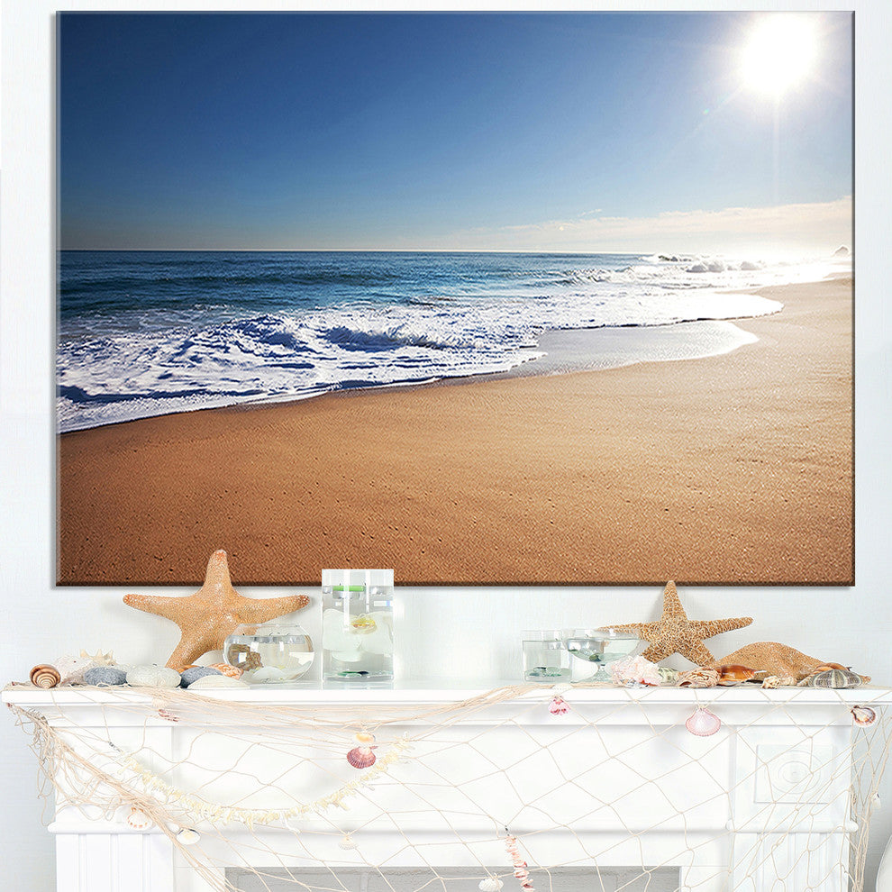 "Calm Blue Seashore With White Sun" Seashore Canvas Print, 32"x16"