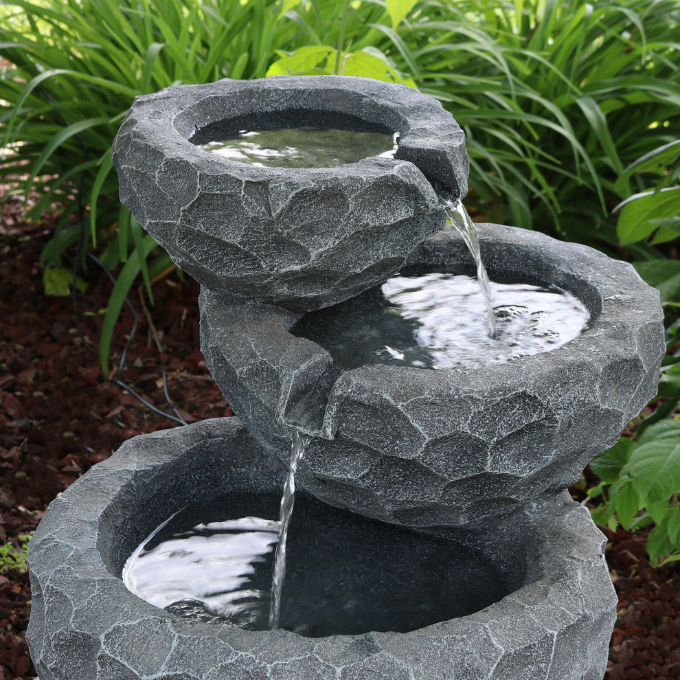 Sunnydaze Chiseled Basin Small Outdoor Solar Fountain, 3-Tier, Solar-on-Demand