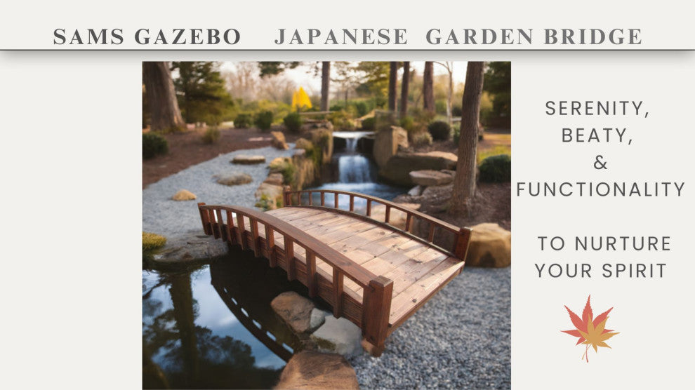 SamsGazebos Japanese Wood Garden Bridge With Arched Railings, 6', Treated