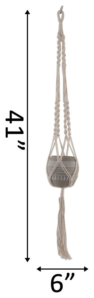 41" Hanging Macrame With Aztec Ceramic Pot, Grey
