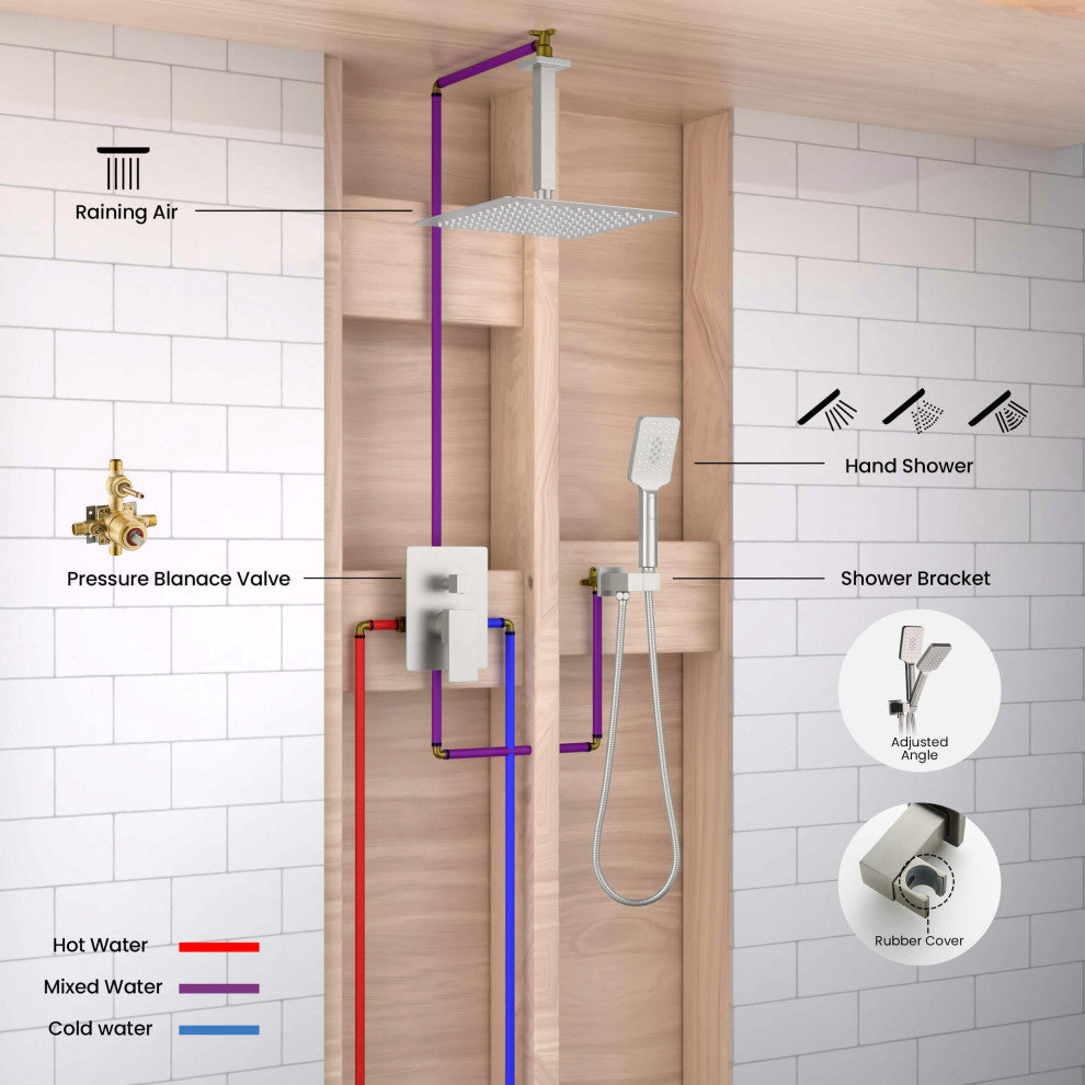 Ceiling Mounted 2-Function Shower System, Rough, Valve, Brushed Nickel