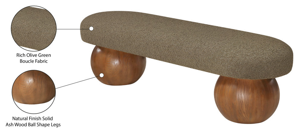 Meridian Furniture Bowie Boucle Fabric Upholstered Bench, Olive, Brown Finish