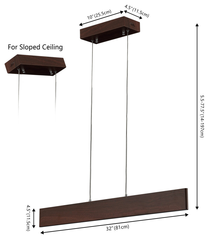 Draper 32" Adjustable Integrated LED Metal Linear Pendant, Dark Brown Wood
