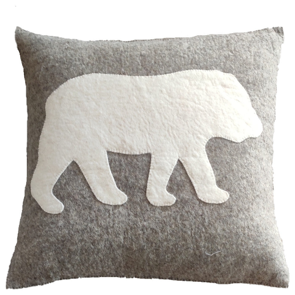 Hand Felted Wool Pillow, Cream Bear Silhouette on Gray, 20"