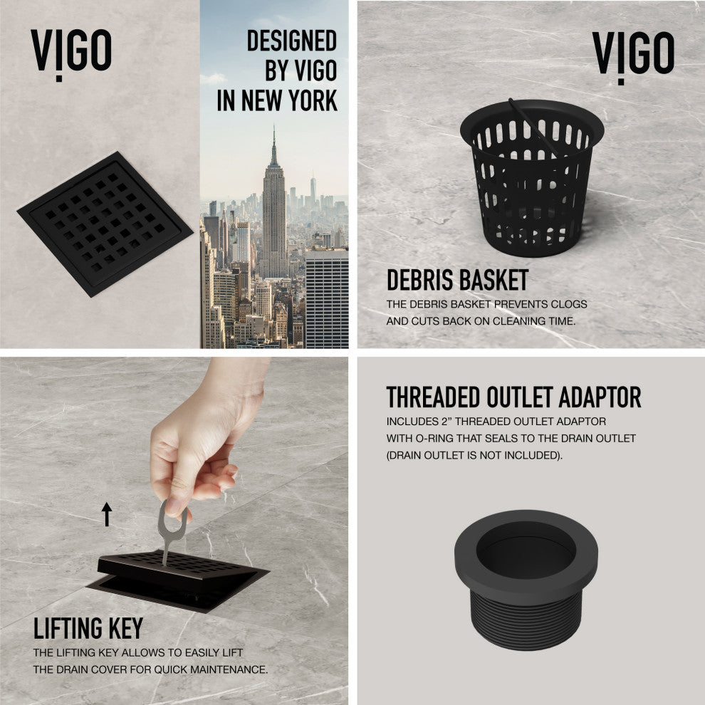 VIGO Elan Linear Shower Drain, Matte Black, 4"