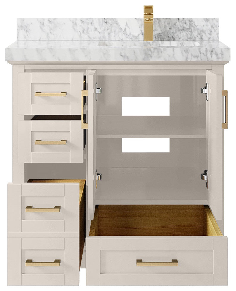 Boston 36" Right Offset Bath Vanity in Fine Grain 2" Carrara Marble