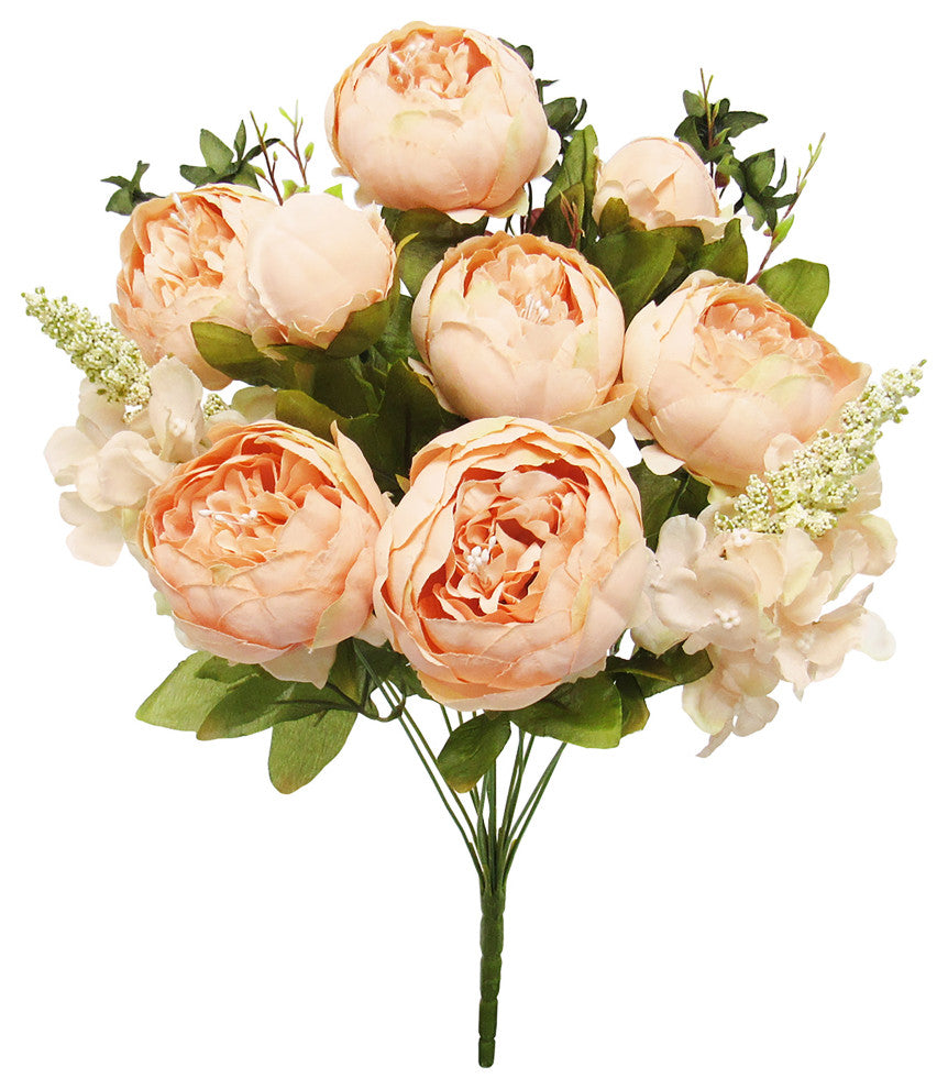 Artificial Blush Peach Mixed Peony Hydrangea Flower Stem Bush Bouquet 19"