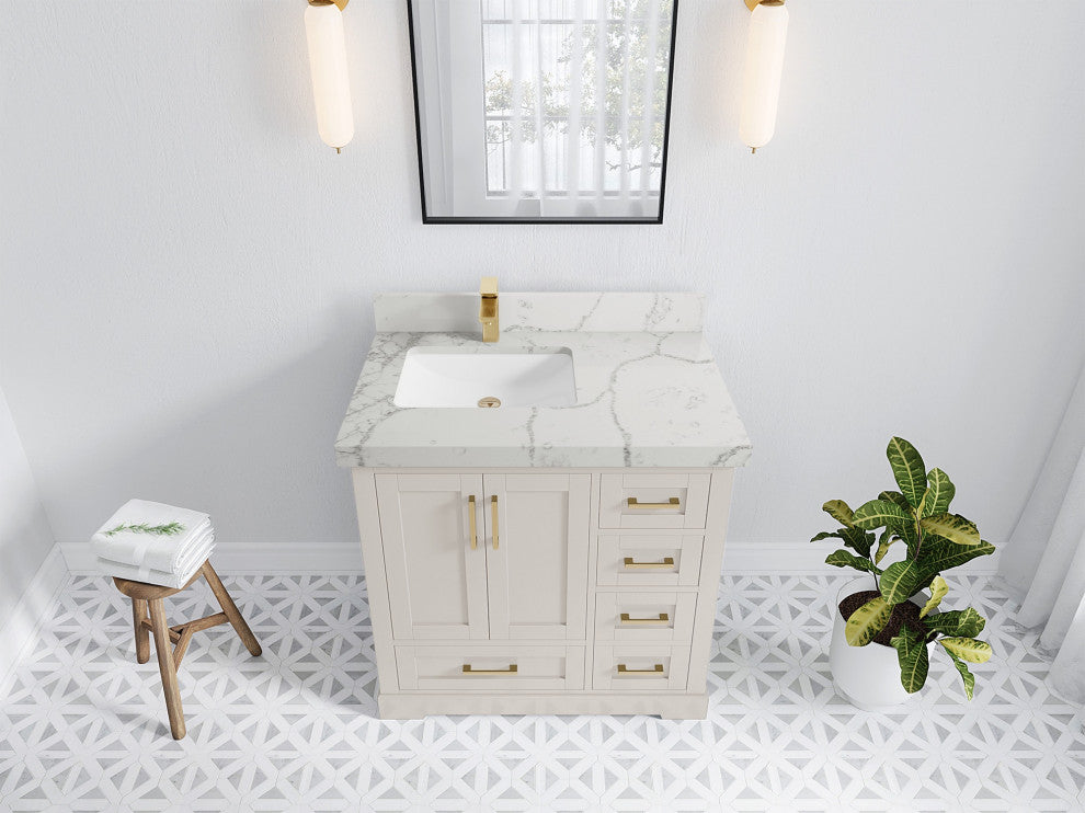 Boston 36" Left Offset Bath Vanity in Fine Grain 2" Venatino Quartz