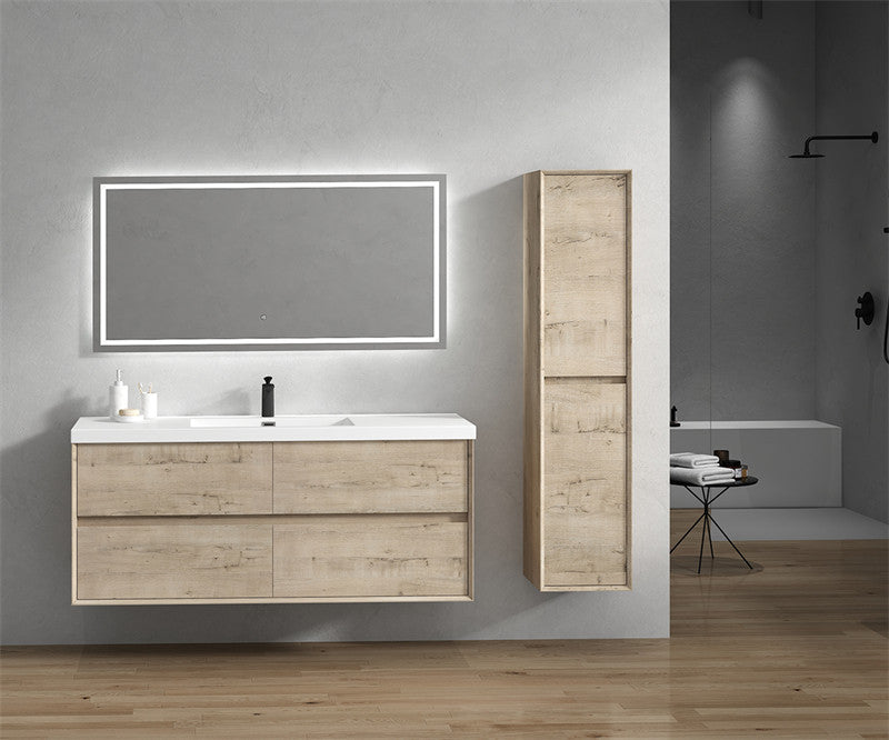 SLIM Light White Oak Wall Mount Vanity, Reinforced Acrylic Sink, 60" Single