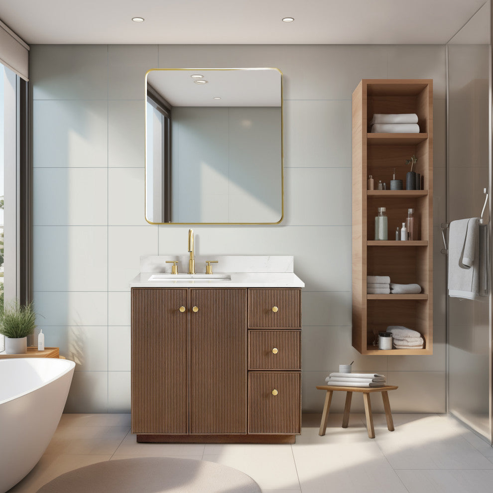 Oza Bath Vanity with Quartz Stone Top, Aged Dark Brown Oak, 36", Single Vanity, No Mirror