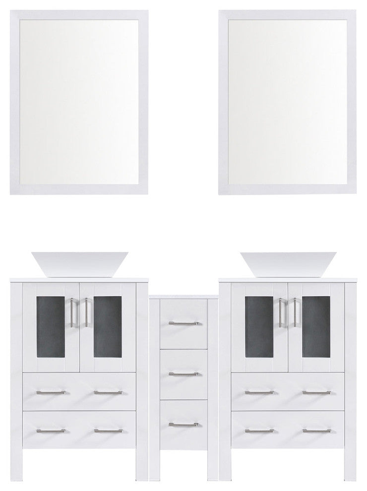 Modern Bathroom Vanity Set With Mirror and Sink, White, 72"