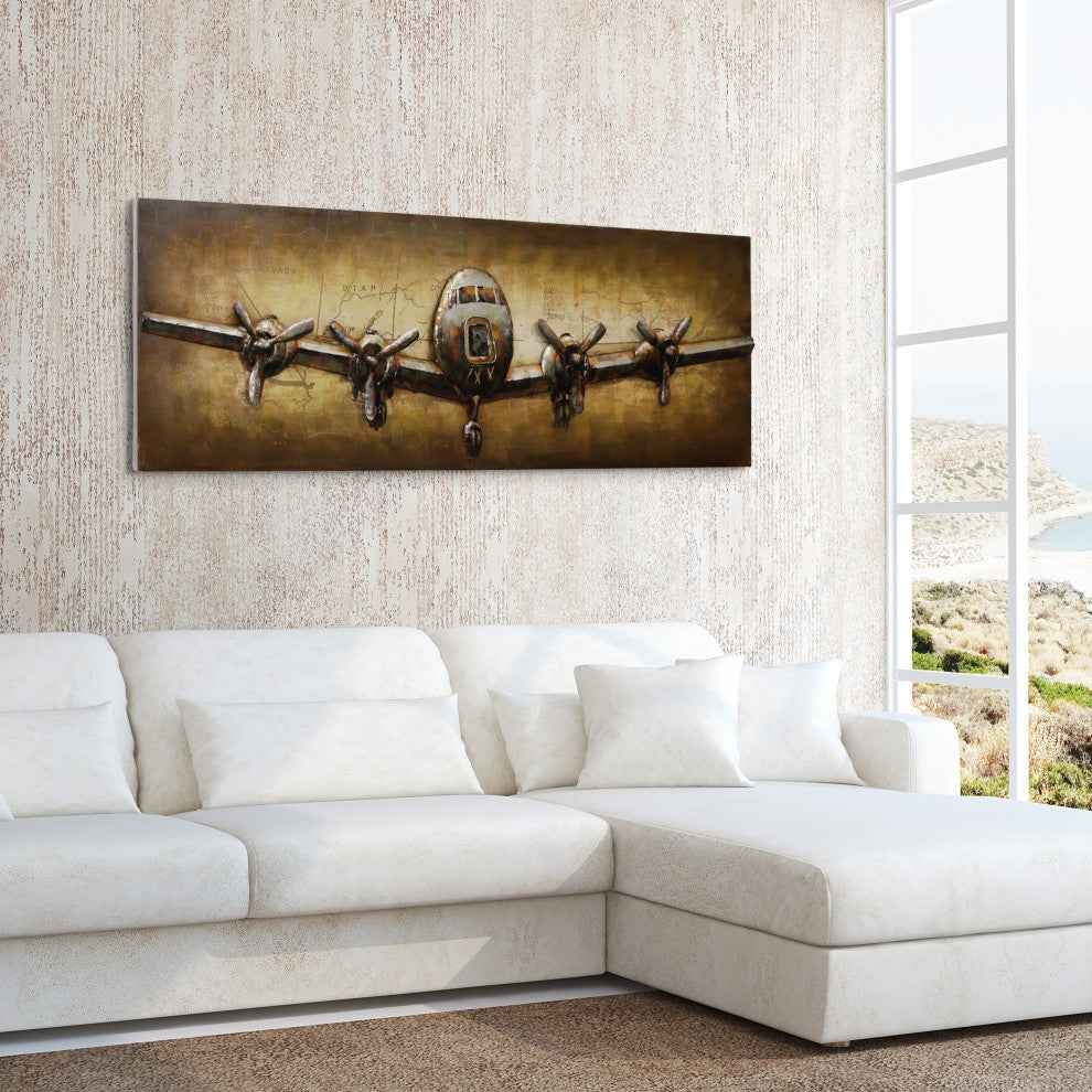 "Airplane" Mixed Media Iron Hand Painted Dimensional Wall Art, 24"x72"