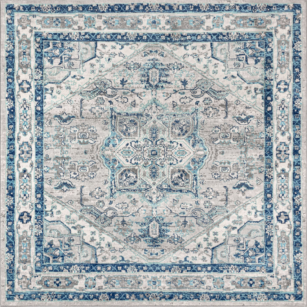 Modern Persian Vintage Medallion Area Rug, Slate, 8' Square