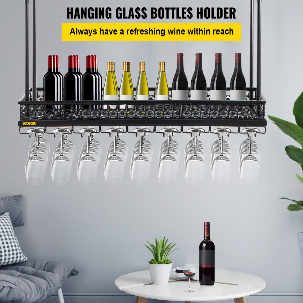 Ceiling Wine Glass Rack Hanging Wine Holder Cabinet, Black, 36x13 Inch