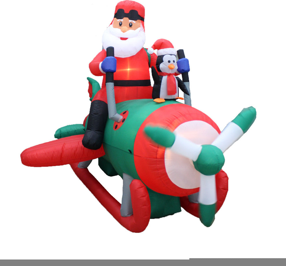 Inflatable Santa Clause and Penguin Airplane Yard Decoration, 8'