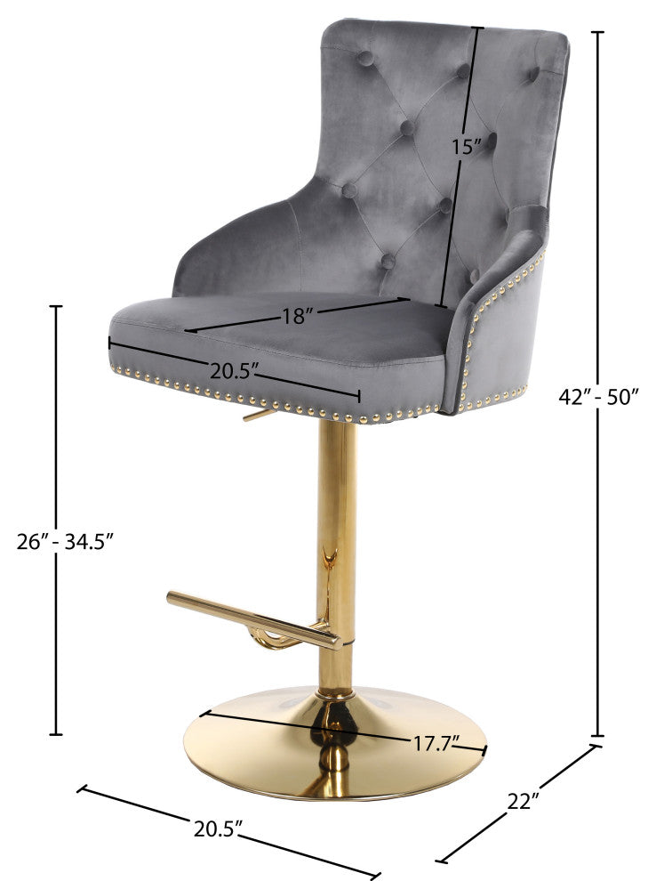 Claude Velvet Upholstered Adjustable Stool, Gray, Gold Base