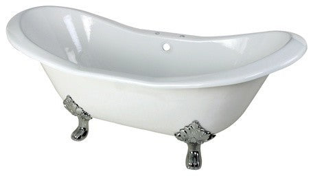 72" Cast Iron Double Slipper Clawfoot Tub w/7" Faucet Drillings, White/Chrome