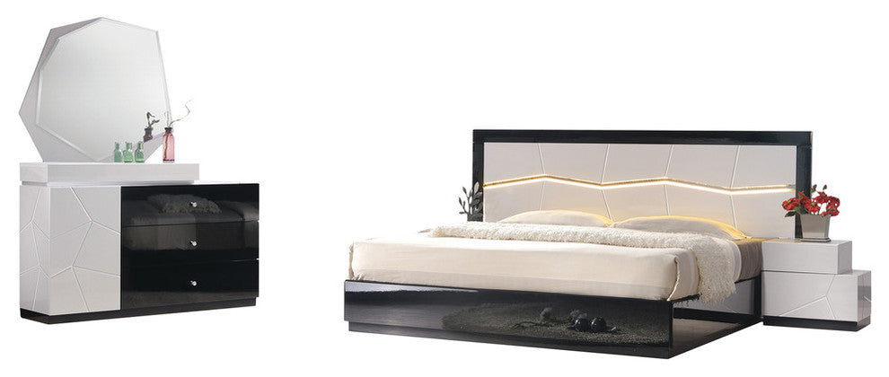 Modern White and Black Platform 5-Piece Bedroom Set, LED Light, Queen/King