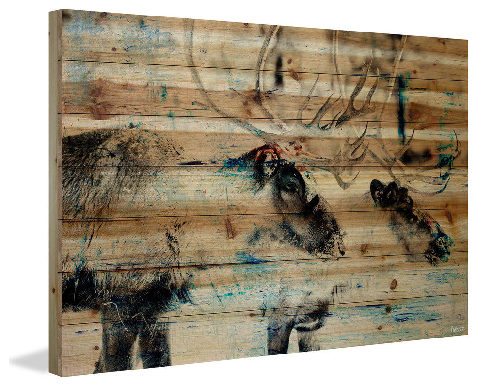 "Conversating Deer" Painting Print on Natural Pine Wood, 60"x40"
