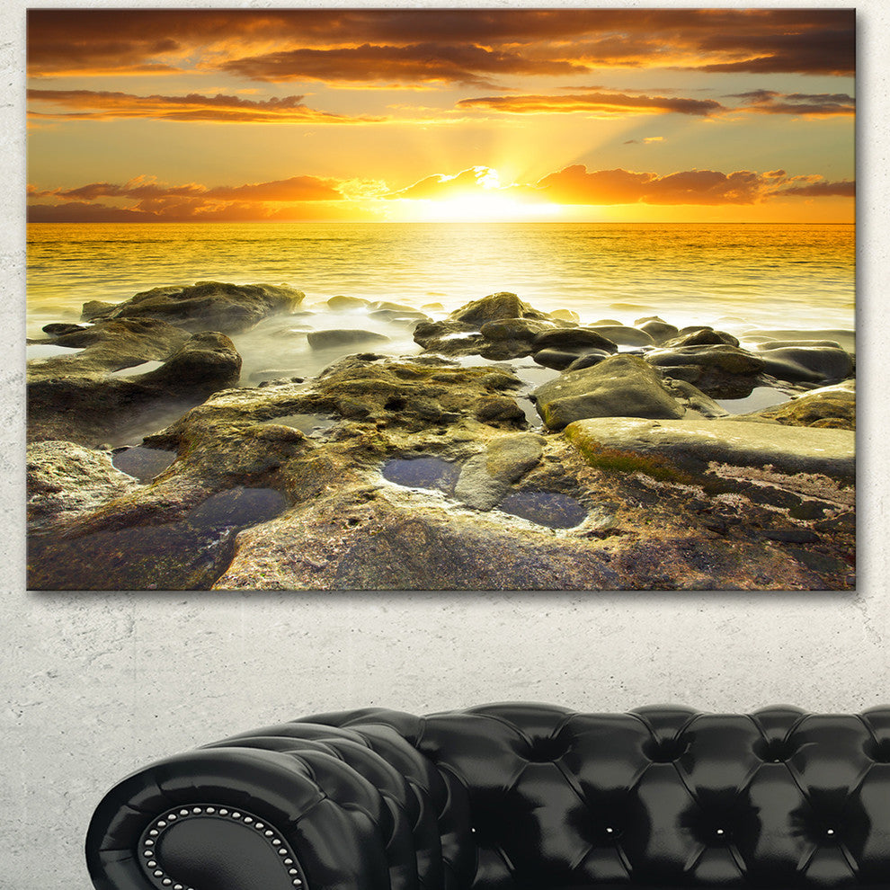Beautiful Orange Sundown Beach, Seashore Canvas Art Print, 60"x28"