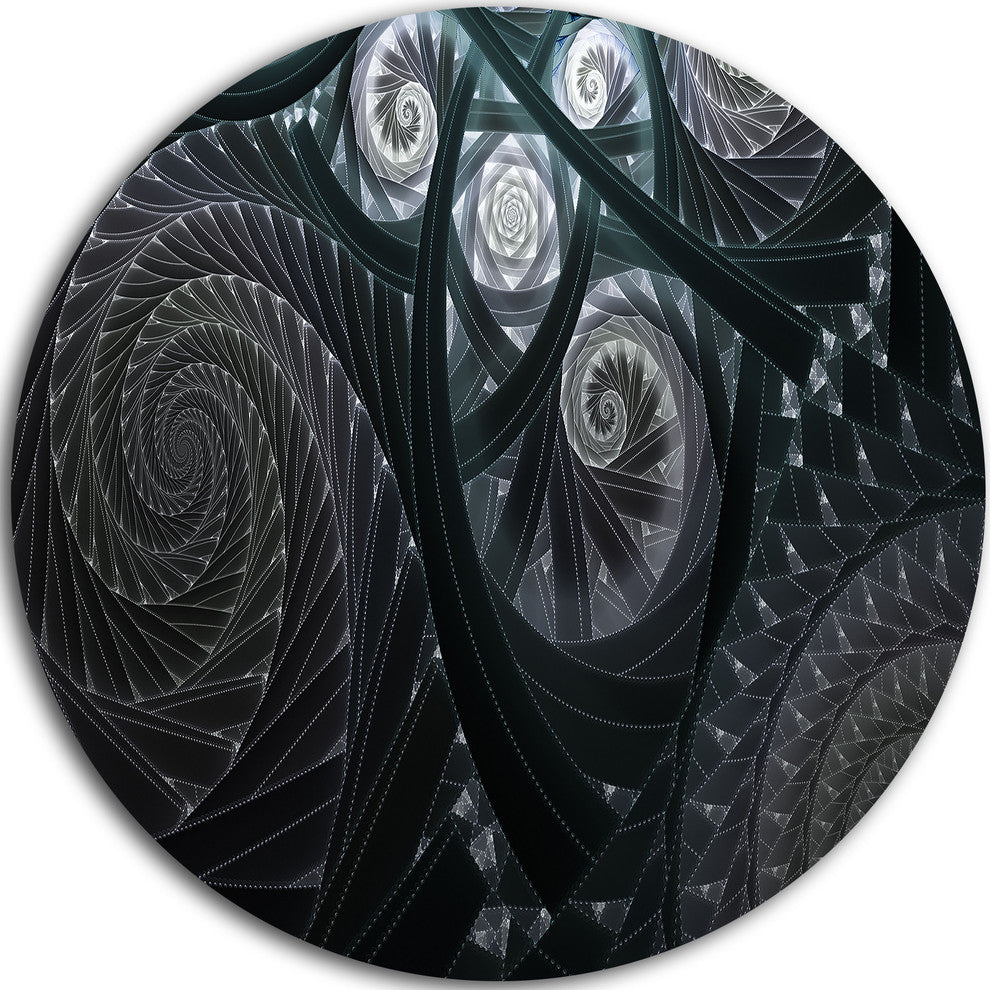 Dark Spiral Fractal Flower Digital Art, Floral Disc Metal Wall Art, 23"