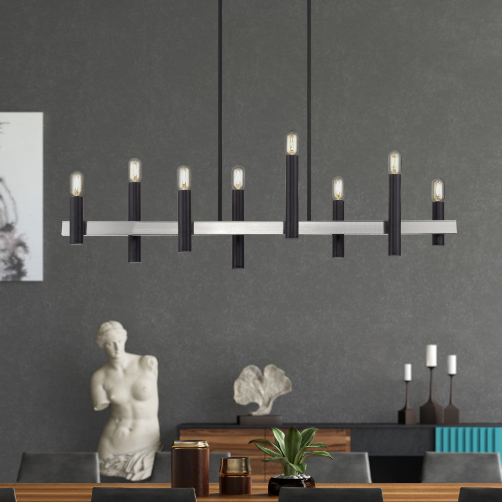 Helsinki 8-Light Black Extra Large Linear Chandelier with Brushed Nickel Accents