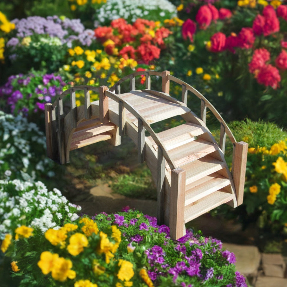 SamsGazebos Fairy Tale Wood Garden Bridge With Picket Railings, Unfinished