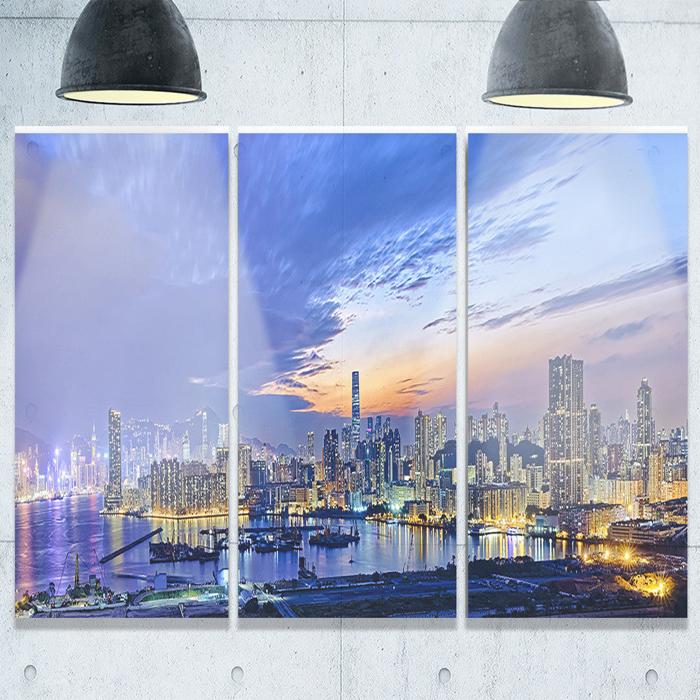 "Hong Kong City Sunset Panorama" Metal Wall Art, 3 Panels, 36"x28"