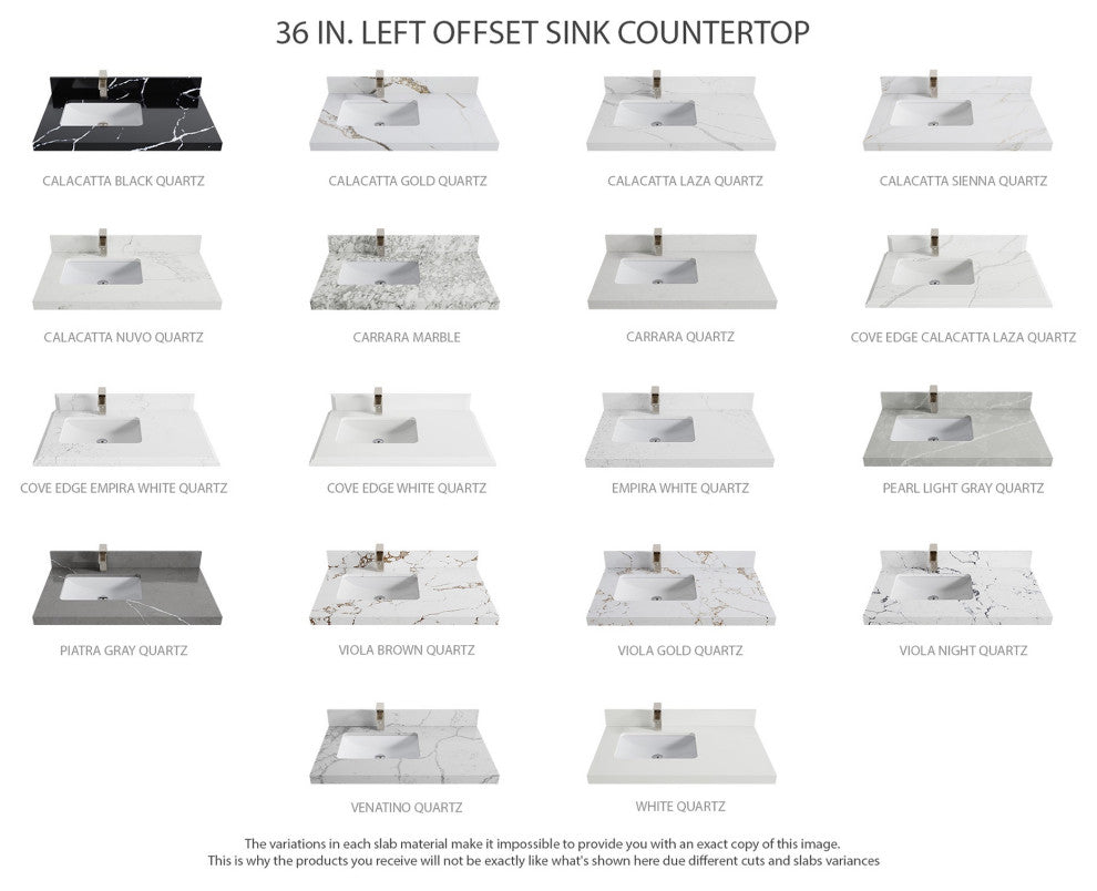 Boston 36" Left Offset Bath Vanity in Fine Grain 2" Carrara Quartz