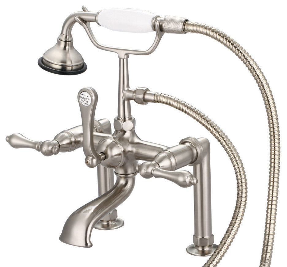 Vintage 7" Spread Deck Mount Tub Faucet w/6" Risers & Handshower, Lever handles